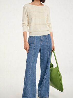 Laurel Ivory Knit Top Beaded Trim Long Sleeve Luxe Minimalist Size US 10